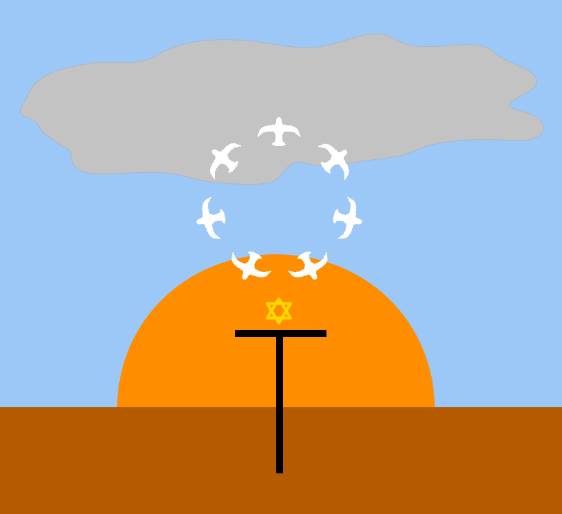 cross, Star of David, rising sun, circle of seven doves, cloud