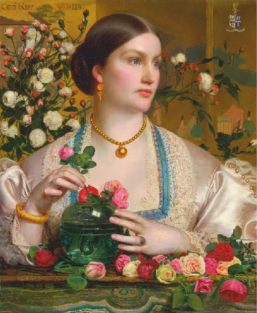 Grace Rose by Frederick Sandys: woman placing rose in vase